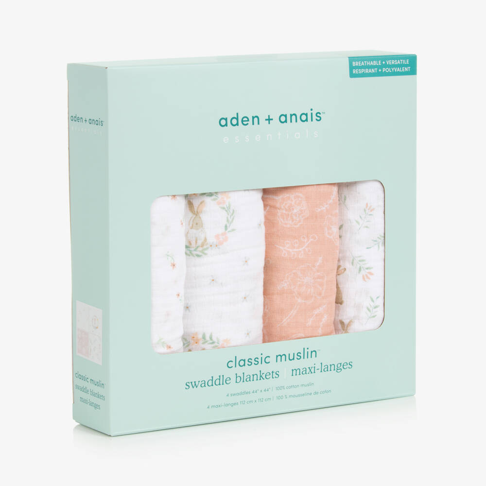 aden + anais-Girls White & Pink Muslin Swaddles (4 Pack) | Childrensalon