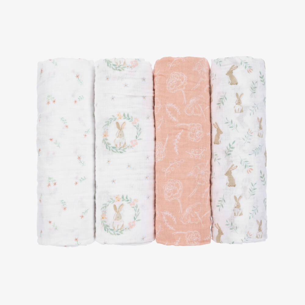 aden + anais-Girls White & Pink Muslin Swaddles (4 Pack) | Childrensalon
