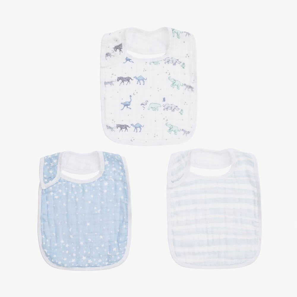 aden + anais-White & Blue Cotton Muslin Bibs (3 Pack) | Childrensalon