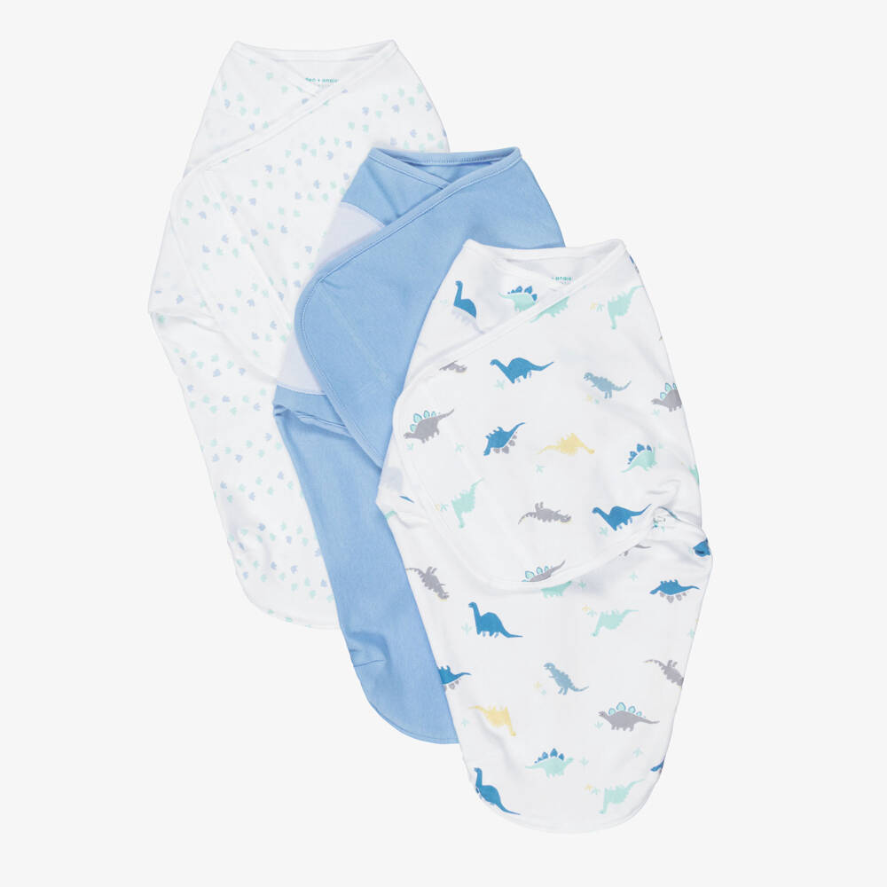aden + anais-White & Blue Dino-Rama Cotton Jersey Wrap Swaddles (3 Pack) | Childrensalon