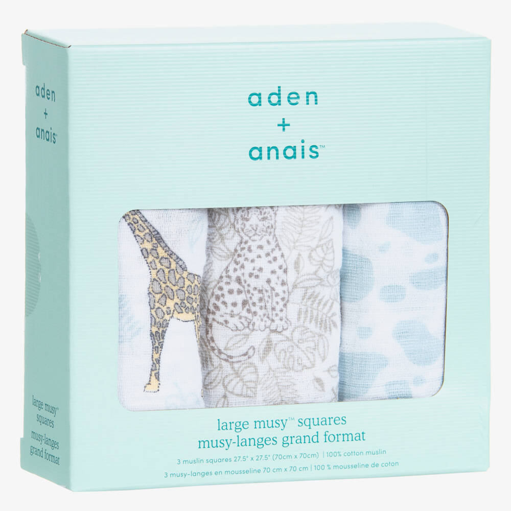 aden + anais-White Cotton Jungle Animal Print Muslin Cloths (3 Pack) | Childrensalon