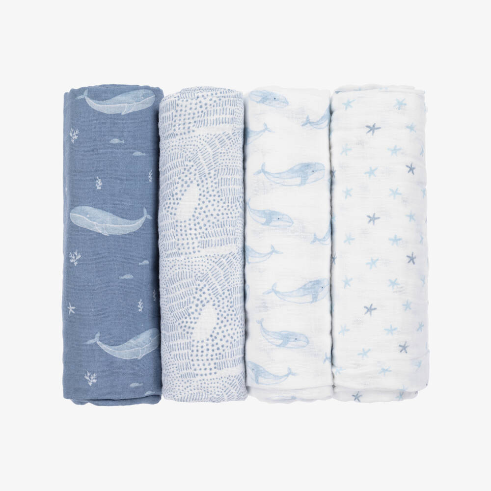 aden + anais-White Cotton Ocean Print Muslin Swaddles (4 Pack) | Childrensalon