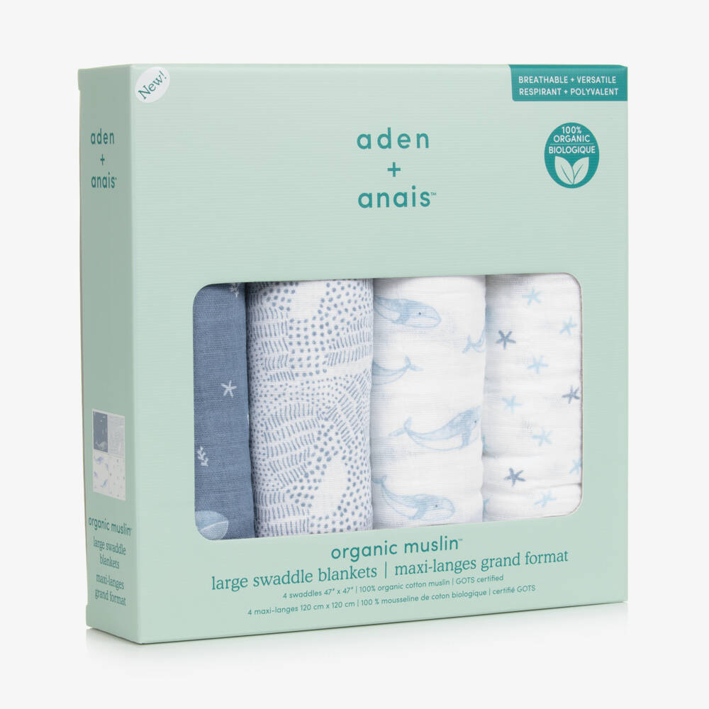 aden + anais-White Cotton Ocean Print Muslin Swaddles (4 Pack) | Childrensalon