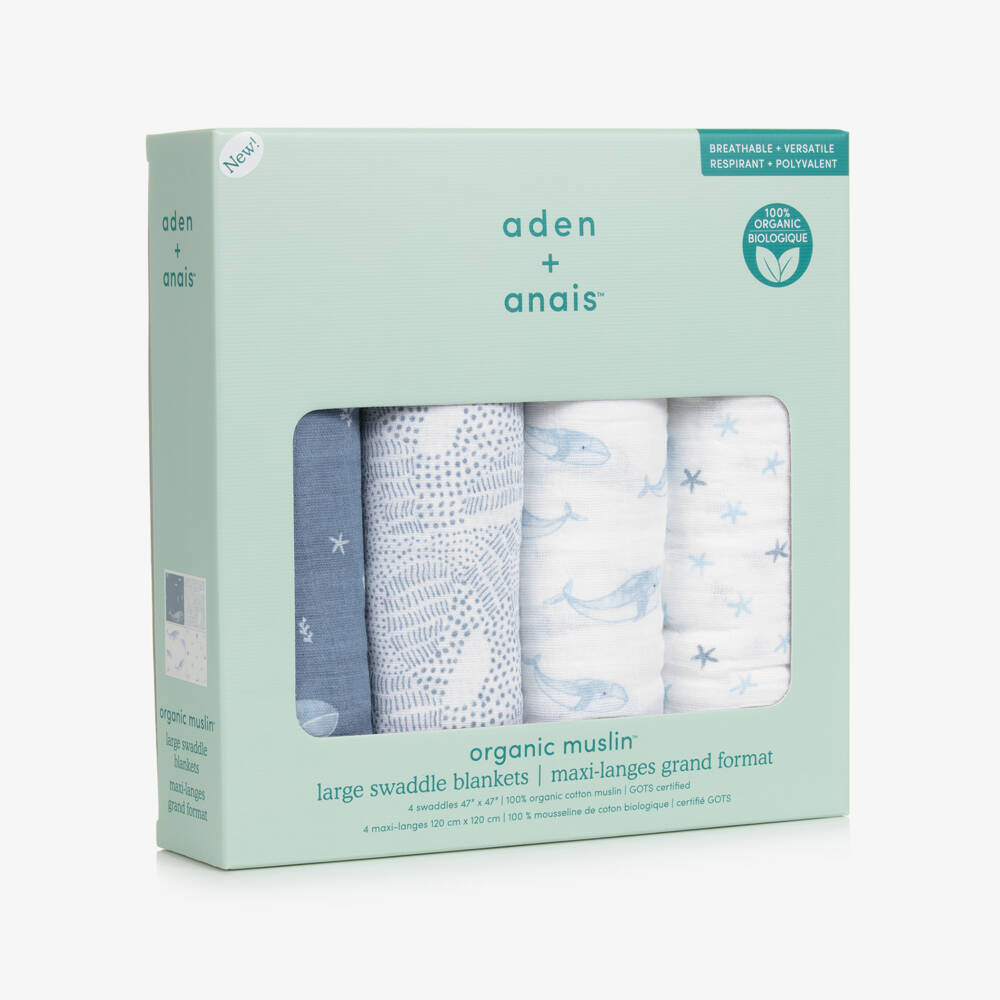 aden + anais-White Cotton Ocean Print Muslin Swaddles (4 Pack) | Childrensalon