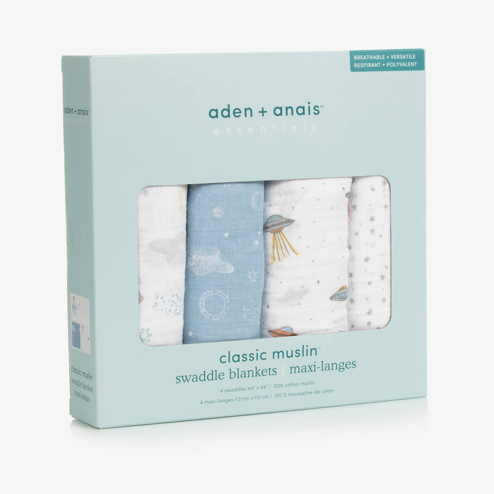 aden + anais-White Cotton Space Print Muslin Swaddles (4 Pack) | Childrensalon
