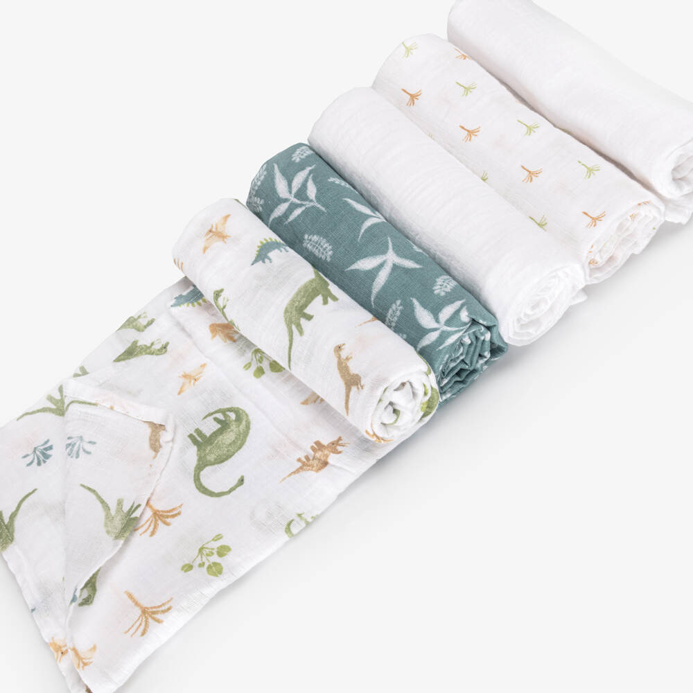 aden + anais-White Dinosaur Jungle Muslin Squares (5 Pack) | Childrensalon