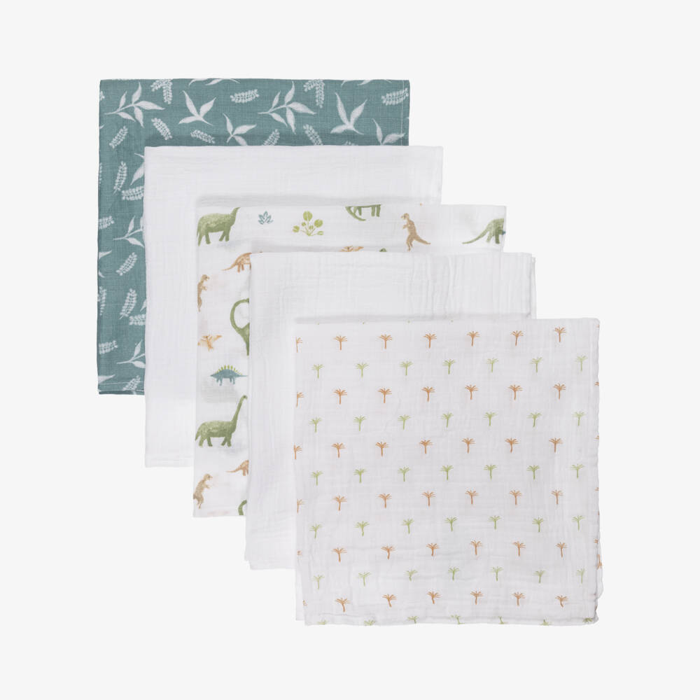 aden + anais-White Dinosaur Jungle Muslin Squares (5 Pack) | Childrensalon