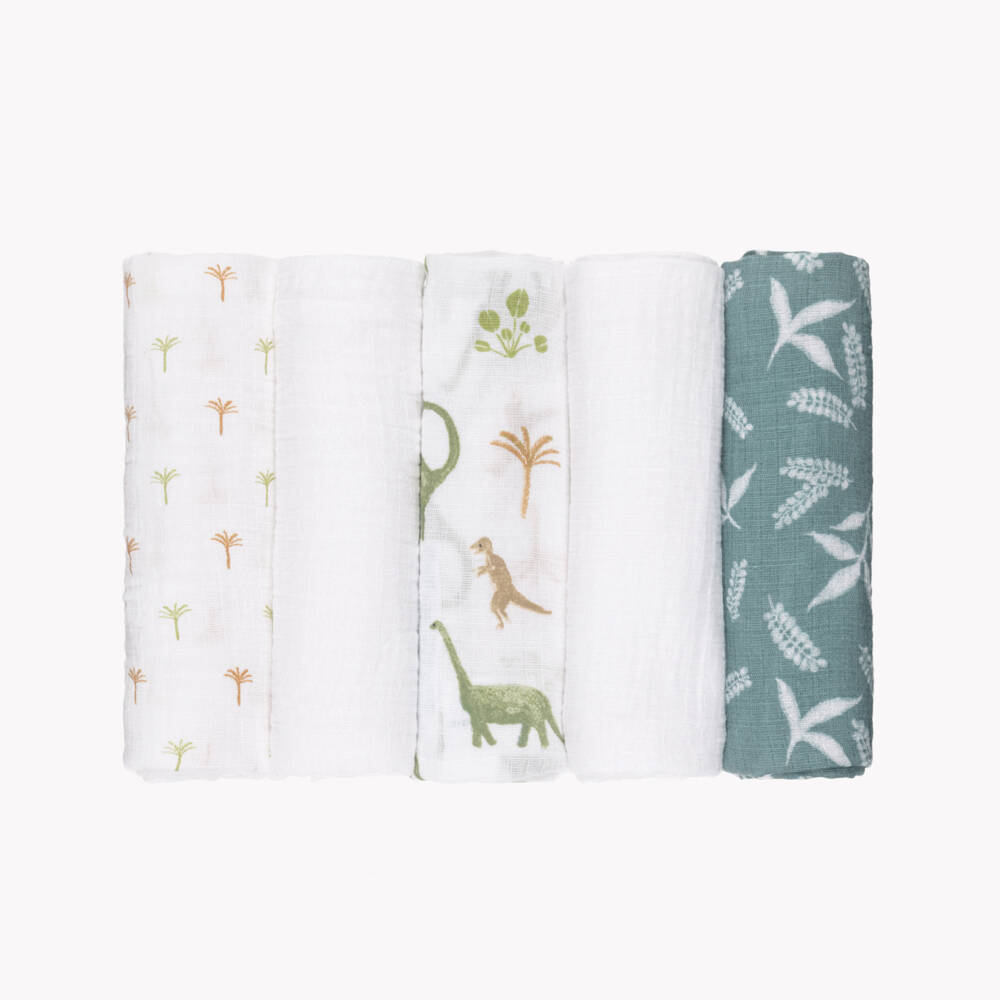 aden + anais-White Dinosaur Jungle Muslin Squares (5 Pack) | Childrensalon