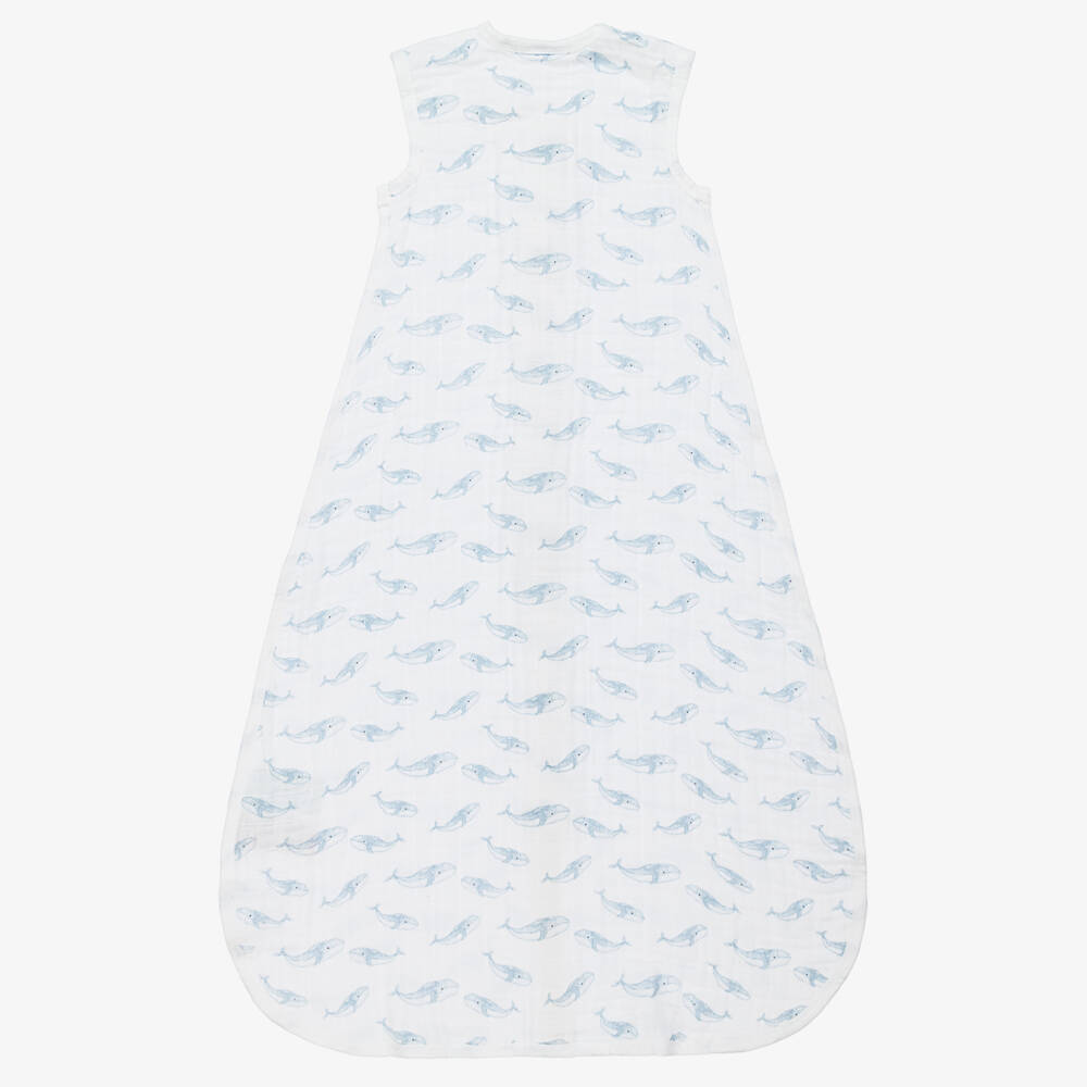 aden + anais-White Organic Cotton Blue Whale Print Sleeping Bag | Childrensalon