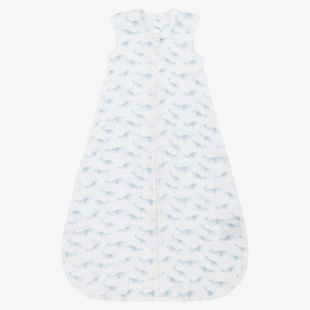aden + anais-White Organic Cotton Blue Whale Print Sleeping Bag | Childrensalon