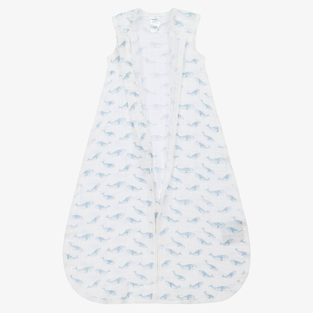 aden + anais-White Organic Cotton Blue Whale Print Sleeping Bag | Childrensalon