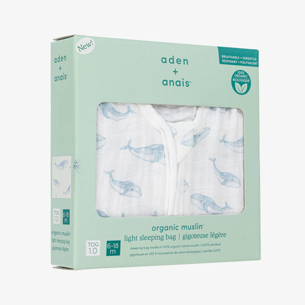 aden + anais-White Organic Cotton Blue Whale Print Sleeping Bag | Childrensalon
