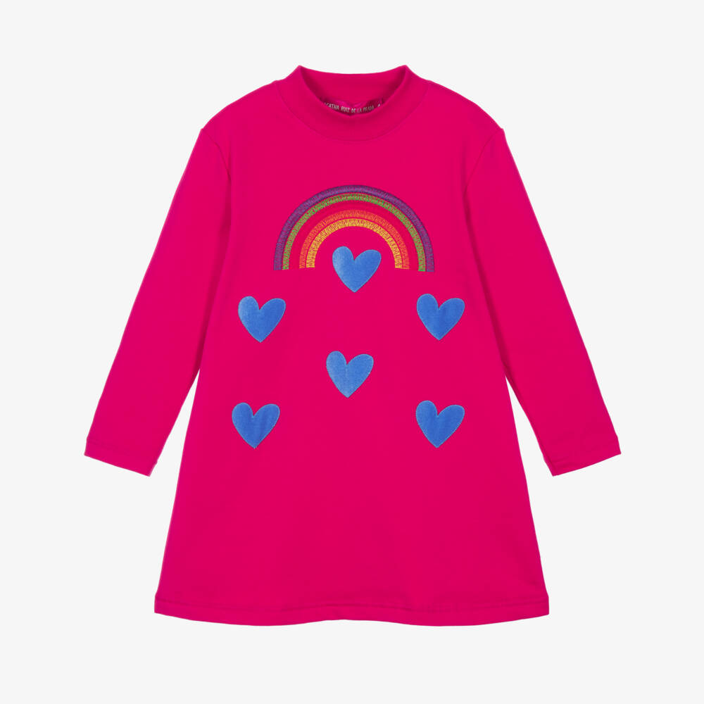 Agatha Ruiz de la Prada-Fuchsia Pink Dress for Girls with Rainbow & Hearts | Childrensalon