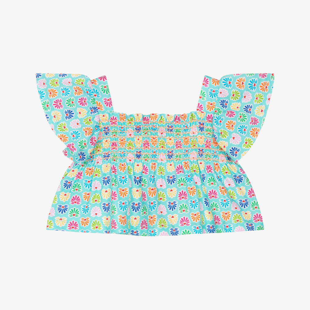 Agatha Ruiz de la Prada-Girls Aqua Blue Cotton Blouse with Colourful Print | Childrensalon