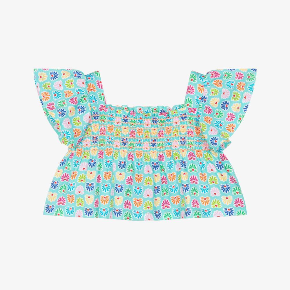 Agatha Ruiz de la Prada-Girls Aqua Blue Cotton Blouse with Colourful Print | Childrensalon