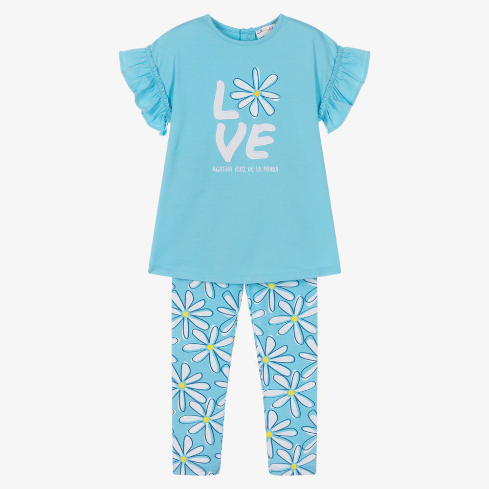 Agatha Ruiz de la Prada-Girls Aqua Blue Cotton Jersey Love Daisy Logo Leggings Set | Childrensalon