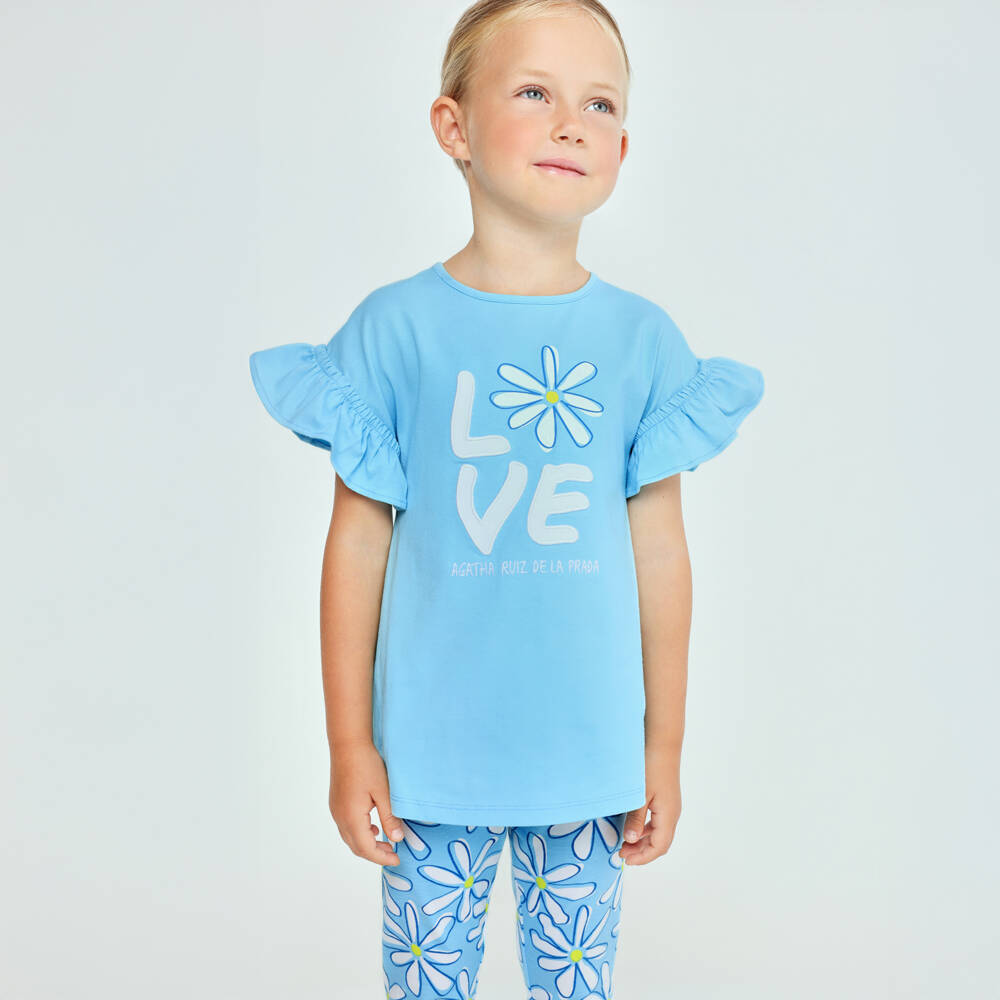 Agatha Ruiz de la Prada-Girls Aqua Blue Cotton Jersey Love Daisy Logo Leggings Set | Childrensalon