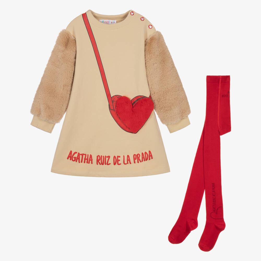 Agatha Ruiz de la Prada-Girls Beige Dress Set with Faux Fur Detail | Childrensalon