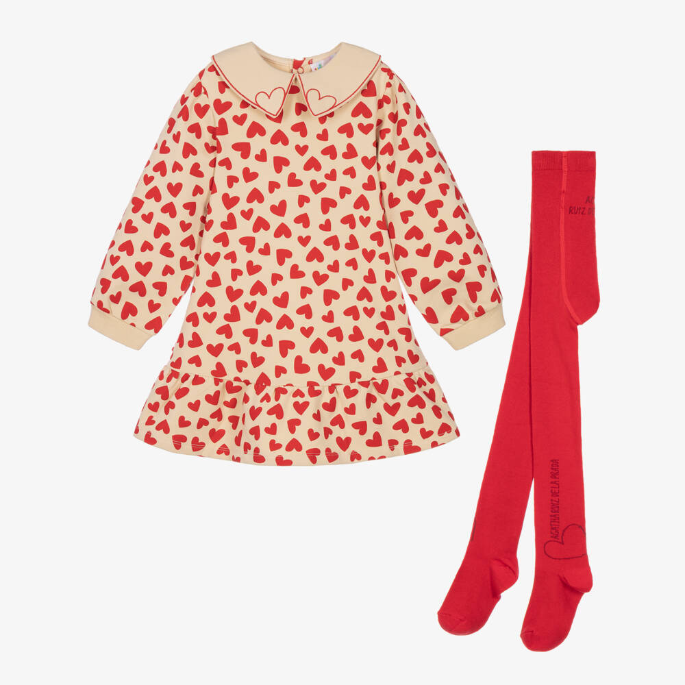 Agatha Ruiz de la Prada-Girls Beige & Red Heart Print Dress Set | Childrensalon