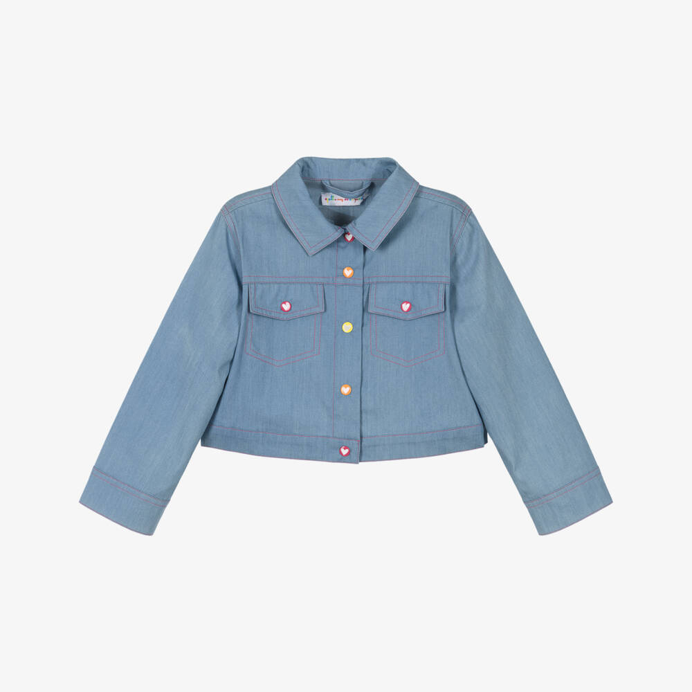 Agatha Ruiz de la Prada-Girls Blue Cotton Chambray Jacket with Colourful Logo Print | Childrensalon