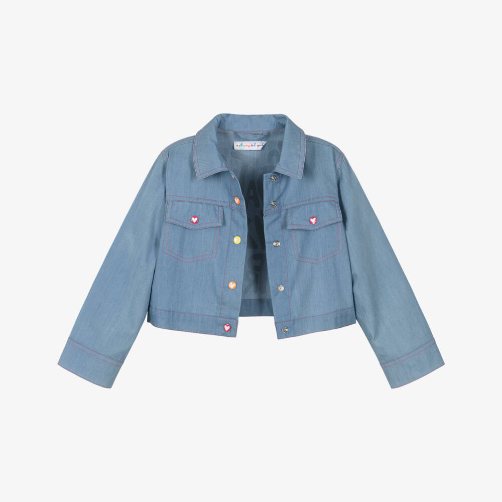 Agatha Ruiz de la Prada-Girls Blue Cotton Chambray Jacket with Colourful Logo Print | Childrensalon