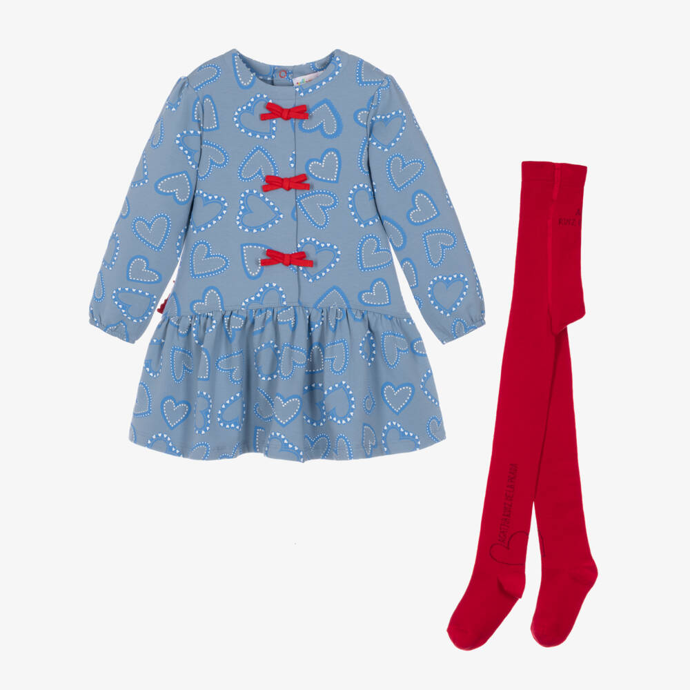 Agatha Ruiz de la Prada-Girls Blue Cotton Heart Print Dress & Tights Set | Childrensalon