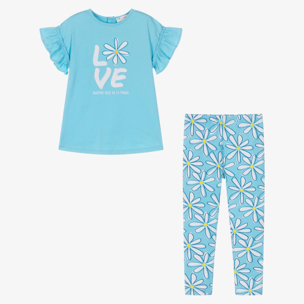 Agatha Ruiz de la Prada-Girls Blue Cotton Jersey Love Daisy Logo Leggings Set | Childrensalon