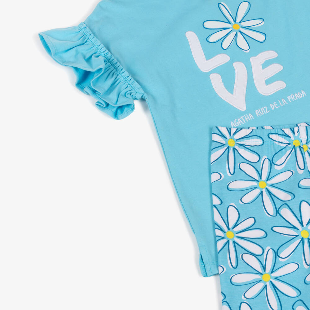Agatha Ruiz de la Prada-Girls Blue Cotton Jersey Love Daisy Logo Leggings Set | Childrensalon