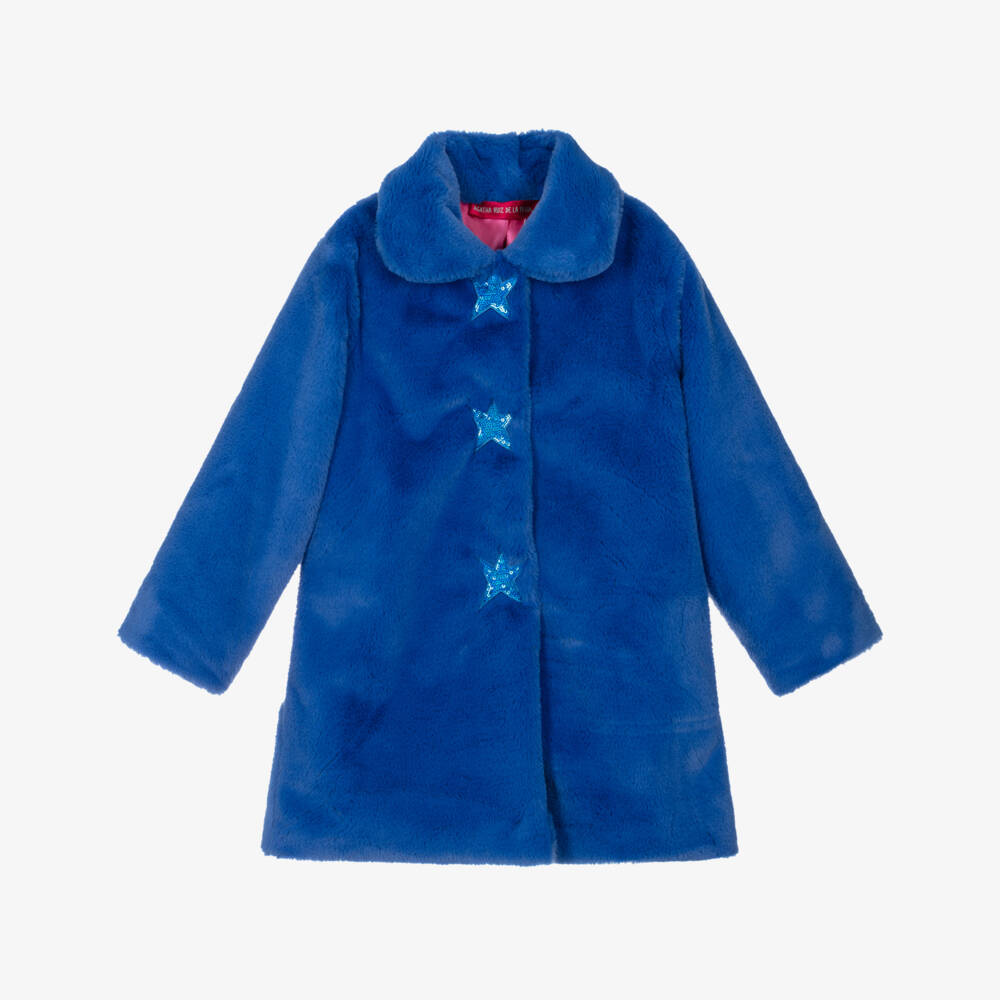 Agatha Ruiz de la Prada-Girls Blue Faux Fur Coat with Sequinned Stars | Childrensalon