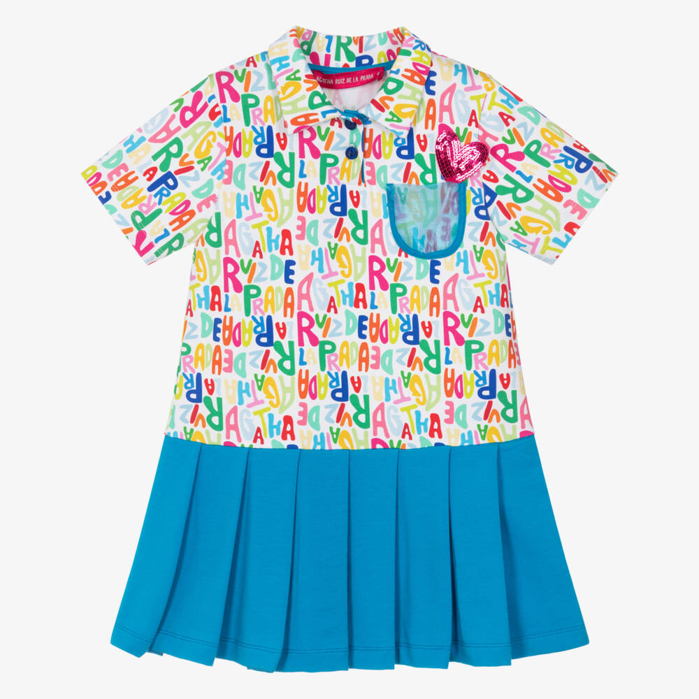 Agatha Ruiz de la Prada-Girls Blue & Multicolour Logo Cotton Pleated Dress | Childrensalon
