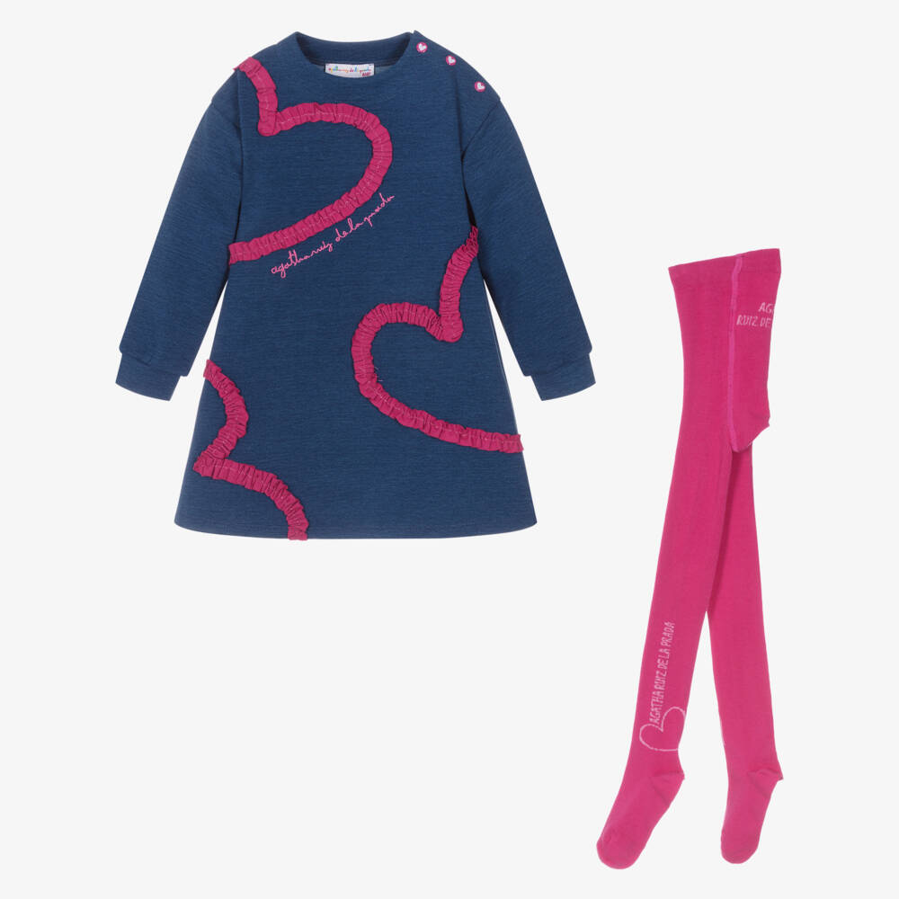 Agatha Ruiz de la Prada-Girls Blue & Pink Cotton Jersey Dress & Tights Set | Childrensalon