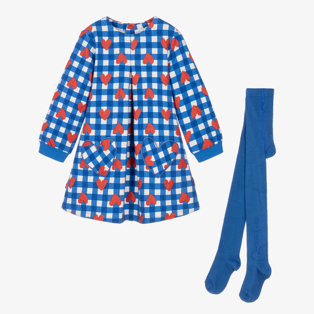 Agatha Ruiz de la Prada-Girls Blue & Red Check Dress Set with Glitter Hearts | Childrensalon