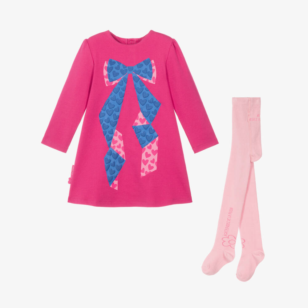 Agatha Ruiz de la Prada-Girls Bow Print Dress Set with Pink Tights | Childrensalon
