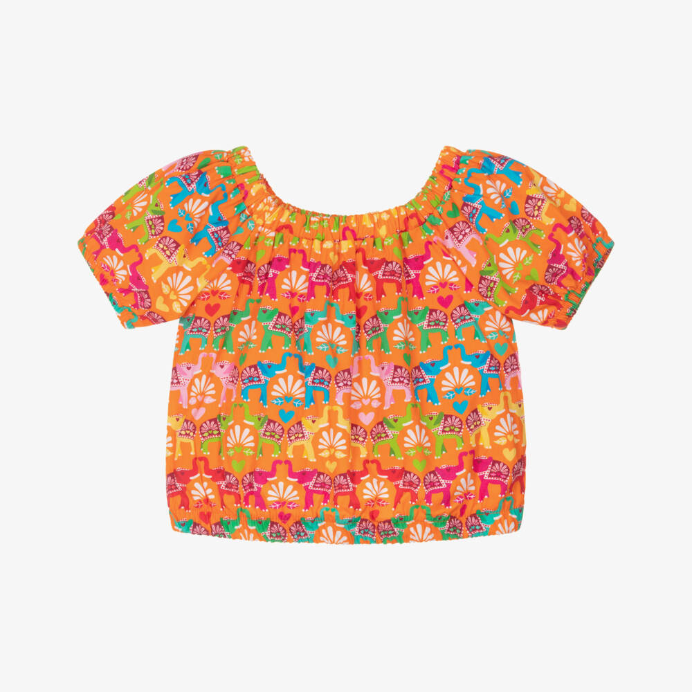 Agatha Ruiz de la Prada-Girls Bright Orange Blouse with Elephant Print | Childrensalon