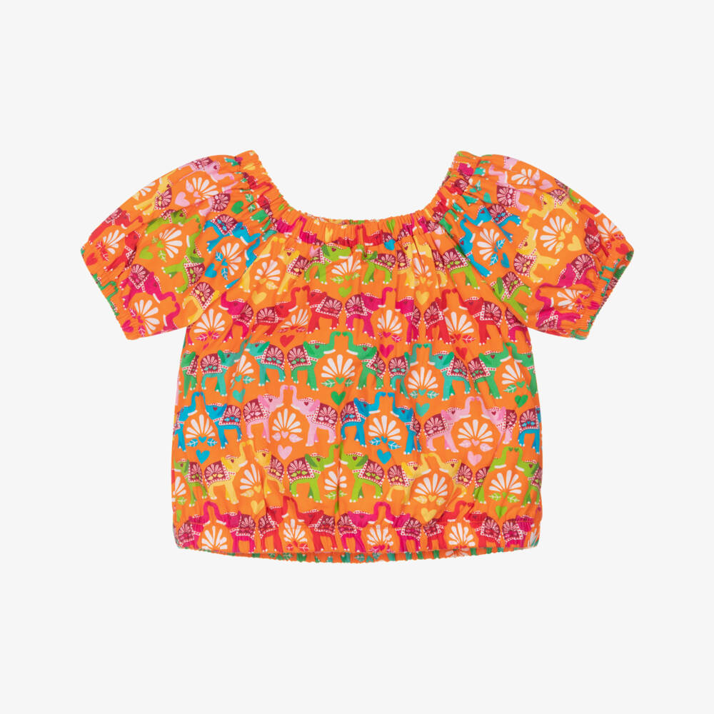 Agatha Ruiz de la Prada-Girls Bright Orange Blouse with Elephant Print | Childrensalon