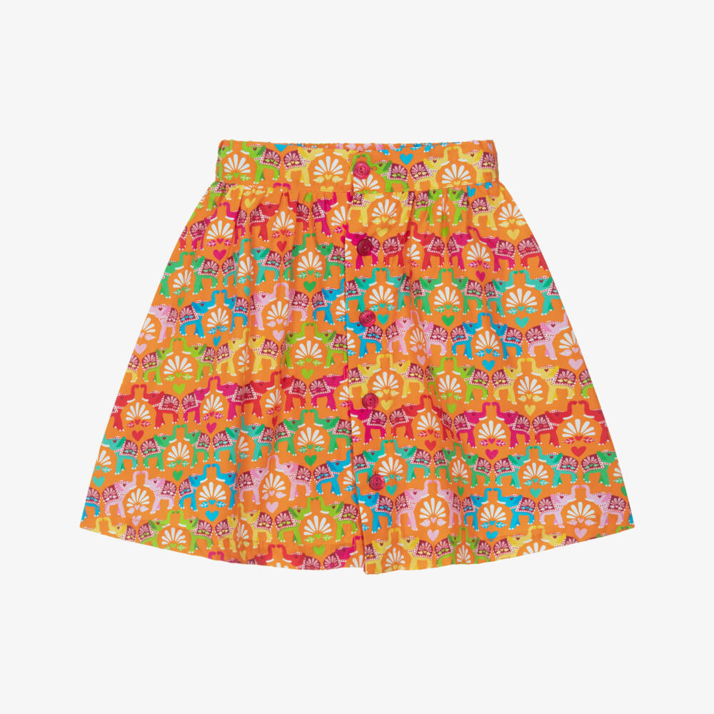 Agatha Ruiz de la Prada-Girls Bright Orange Cottton Skirt with Elephant Print | Childrensalon