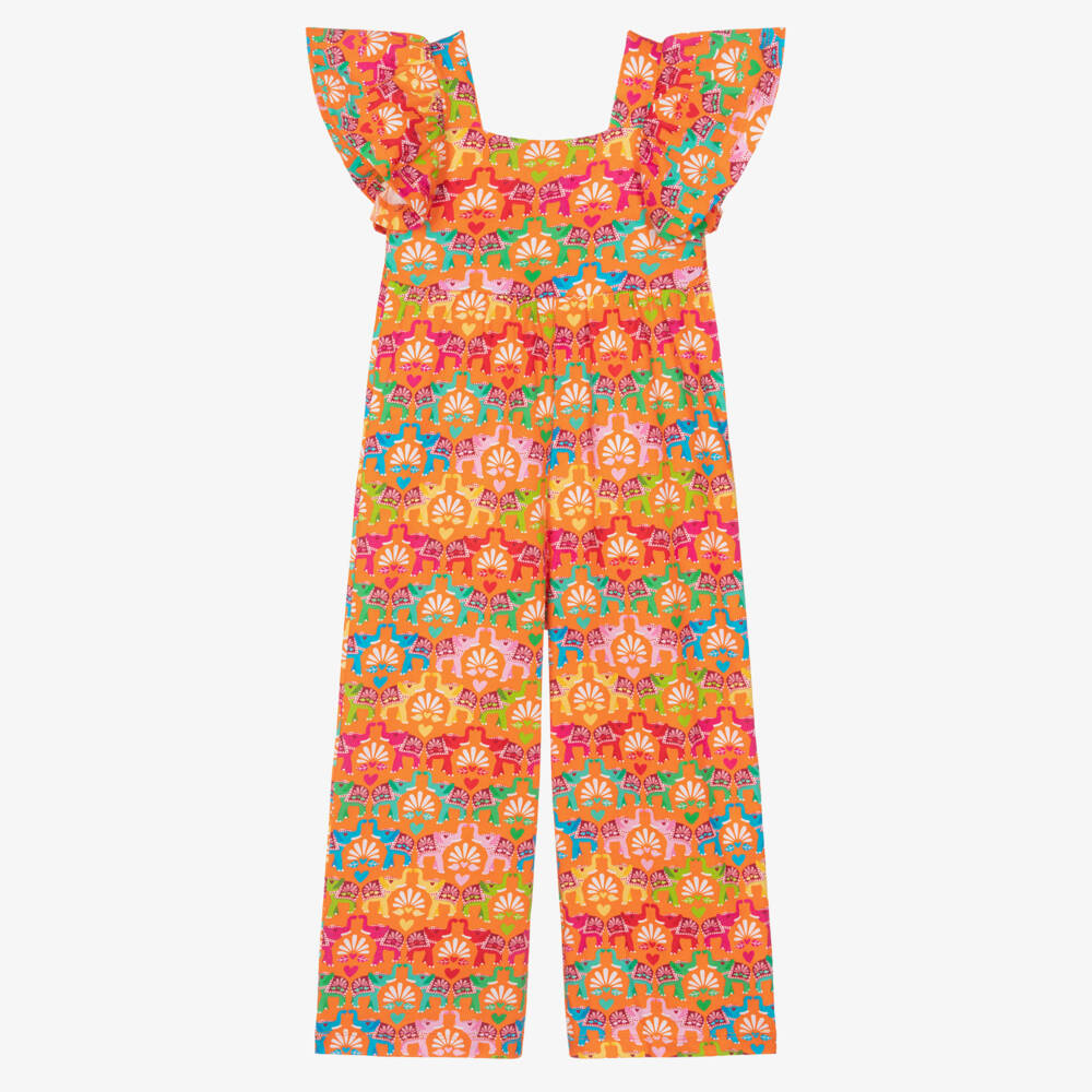 Agatha Ruiz de la Prada-Girls Bright Orange Jumpsuit with Elephant Print | Childrensalon
