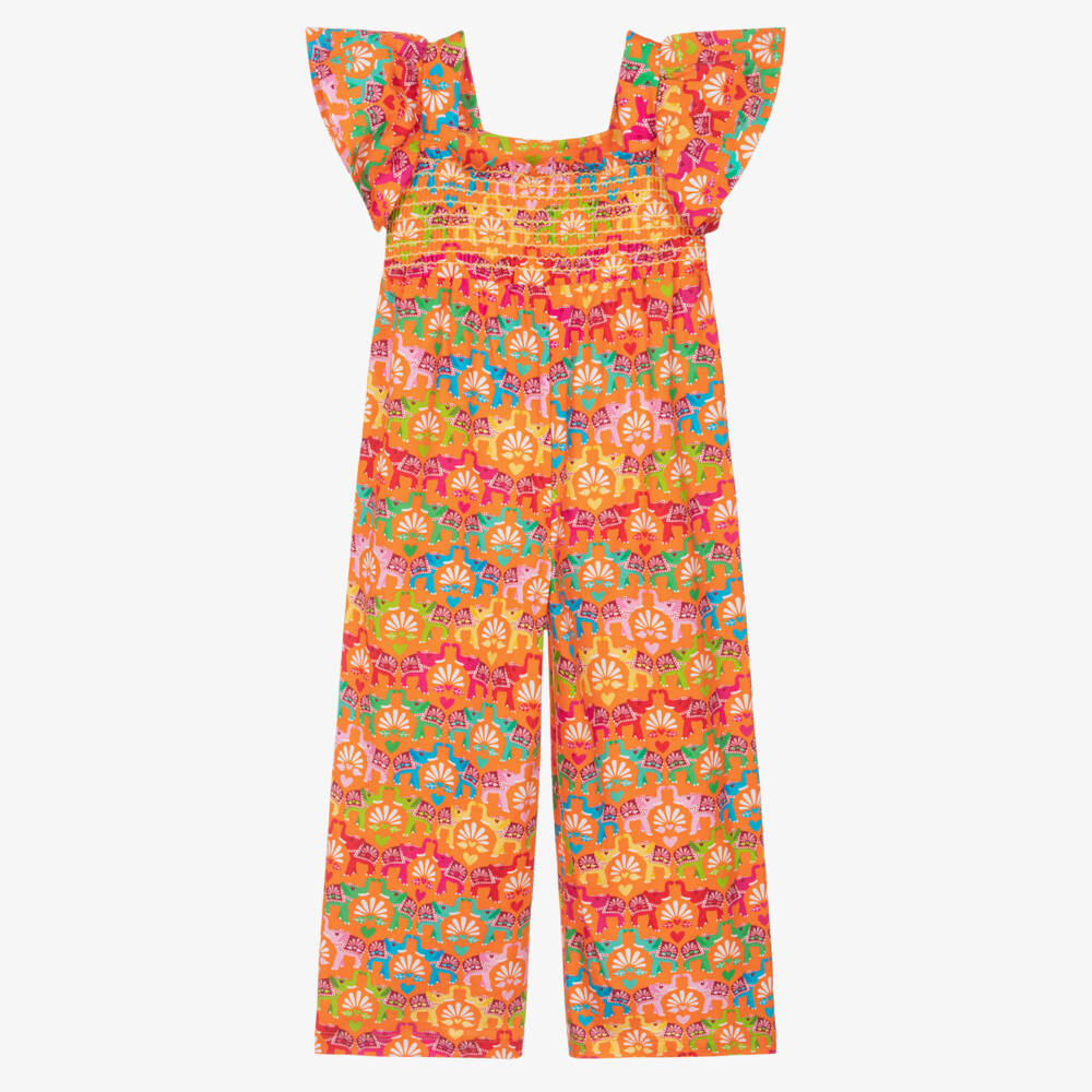 Agatha Ruiz de la Prada-Girls Bright Orange Jumpsuit with Elephant Print | Childrensalon