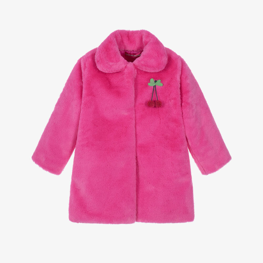 Agatha Ruiz de la Prada-Girls Bright Pink Faux Fur Coat with Cherries | Childrensalon