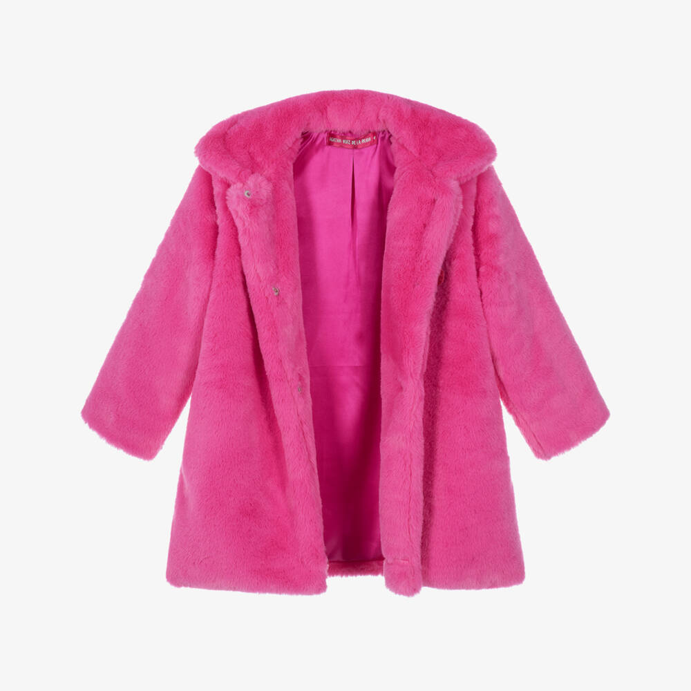 Agatha Ruiz de la Prada-Girls Bright Pink Faux Fur Coat with Cherries | Childrensalon