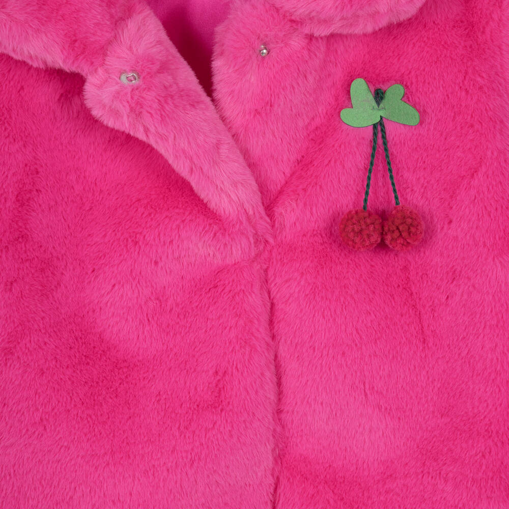 Agatha Ruiz de la Prada-Girls Bright Pink Faux Fur Coat with Cherries | Childrensalon