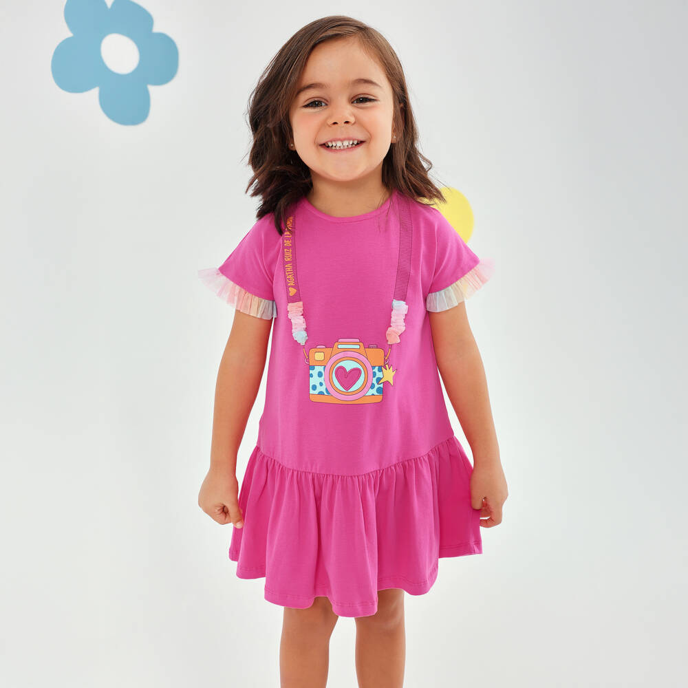 Agatha Ruiz de la Prada-Girls Fuchsia Pink Cotton Jersey Camera Print Dress | Childrensalon