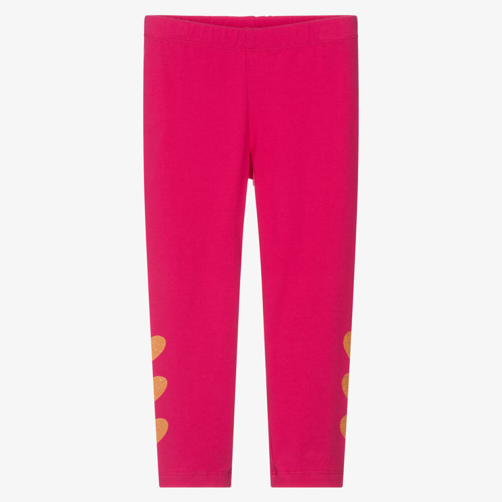 Agatha Ruiz de la Prada-Girls Fuchsia Pink Cotton Leggings with Glittery Gold Hearts | Childrensalon