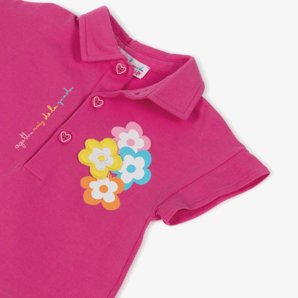 Agatha Ruiz de la Prada-Girls Fuchsia Pink Cotton Polo Dress with Flowers & Frills | Childrensalon