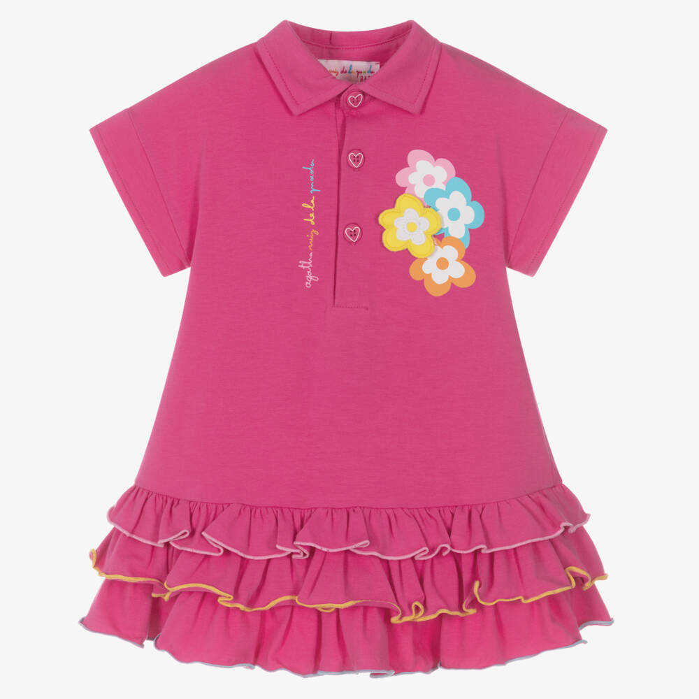 Agatha Ruiz de la Prada-Girls Fuchsia Pink Cotton Polo Dress with Flowers & Frills | Childrensalon