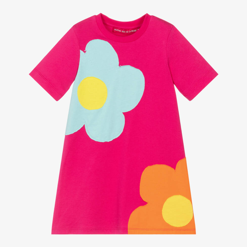 Agatha Ruiz de la Prada-Girls Fuchsia Pink Cotton T-Shirt Dress with Flower Appliqués | Childrensalon