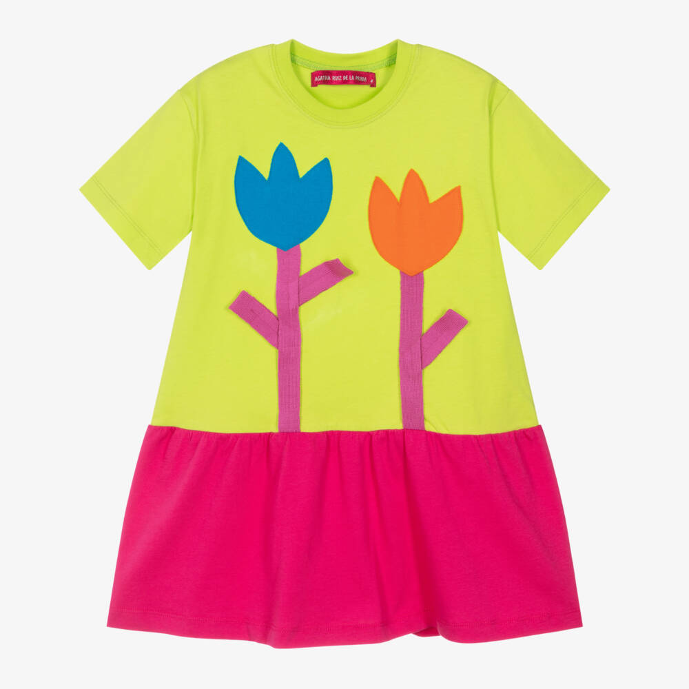 Agatha Ruiz de la Prada-Girls Green & Pink Cotton Flower Appliqué Dress | Childrensalon