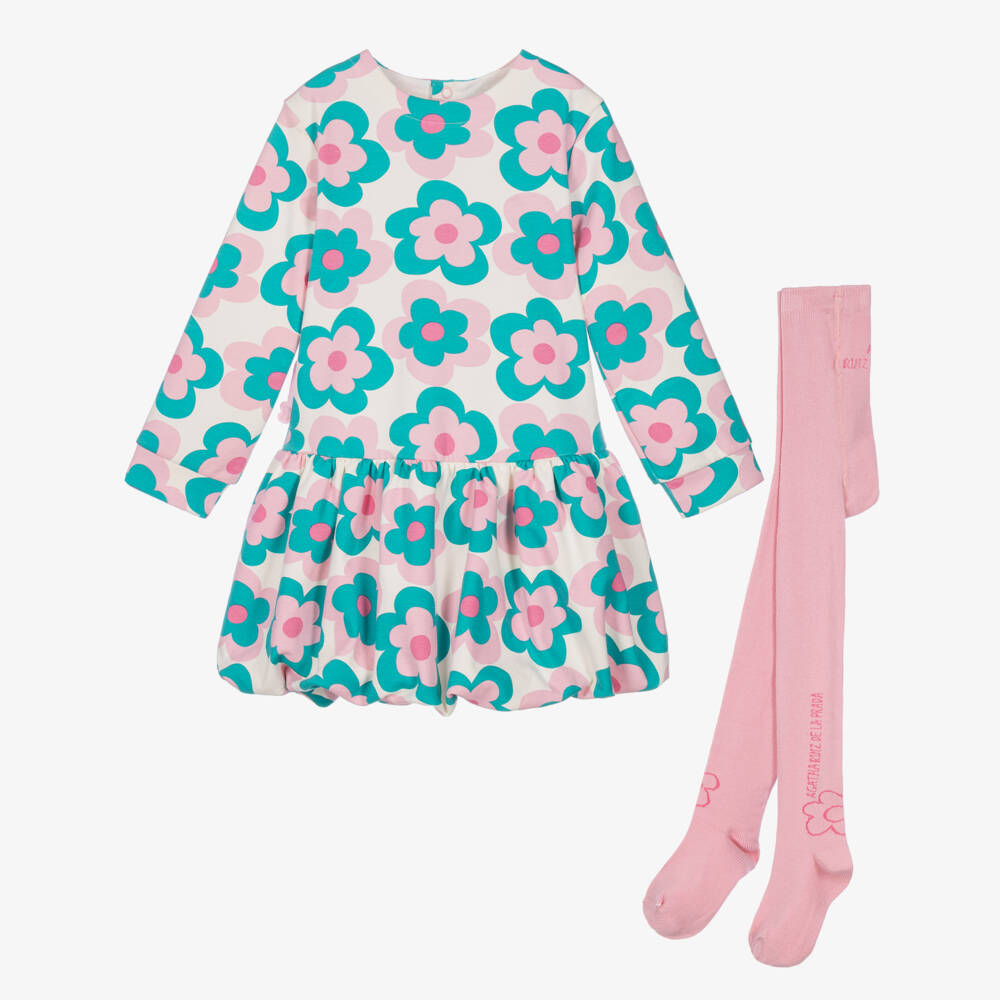 Agatha Ruiz de la Prada-Girls Ivory Cotton Jersey Dress with Pink & Green Flowers | Childrensalon