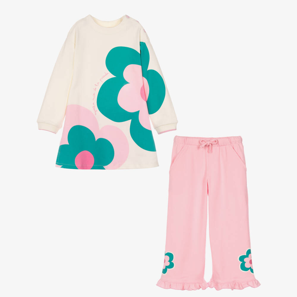 Agatha Ruiz de la Prada-Girls Ivory & Pink Flower Print Trouser Set | Childrensalon