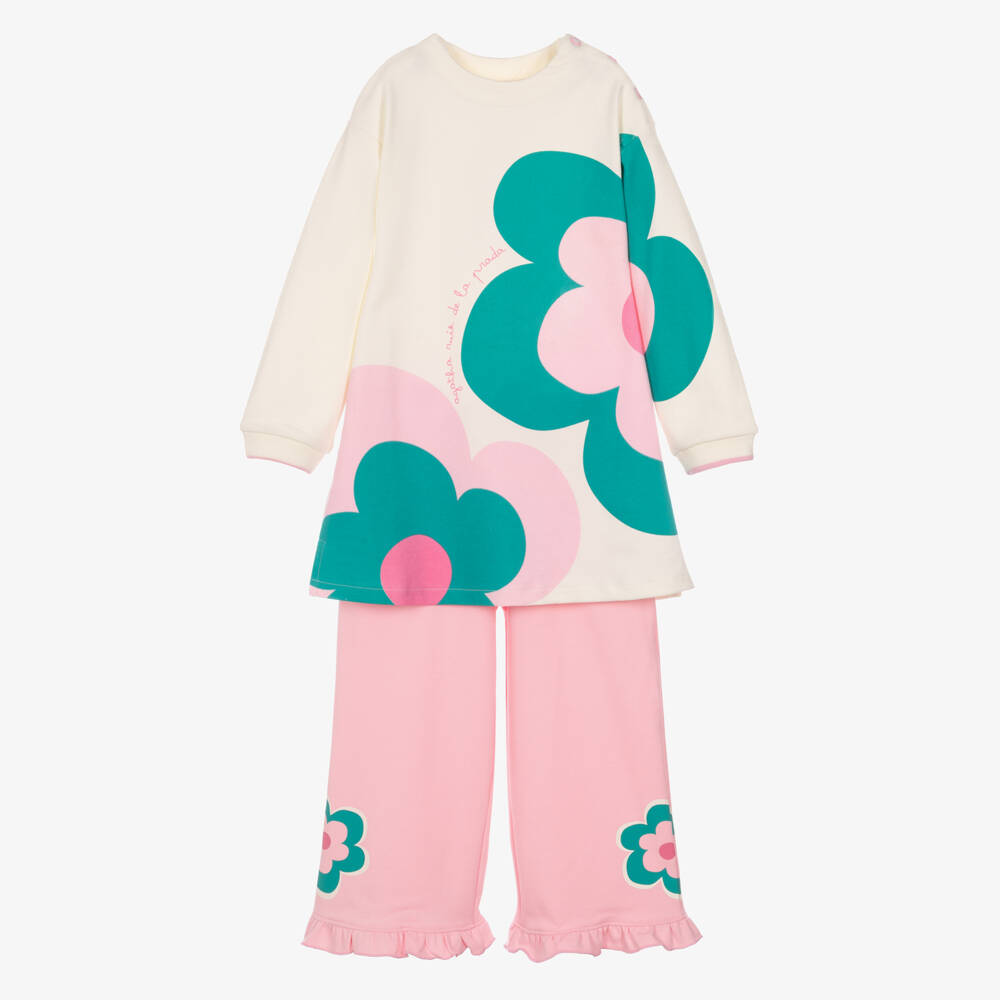 Agatha Ruiz de la Prada-Girls Ivory & Pink Flower Print Trouser Set | Childrensalon